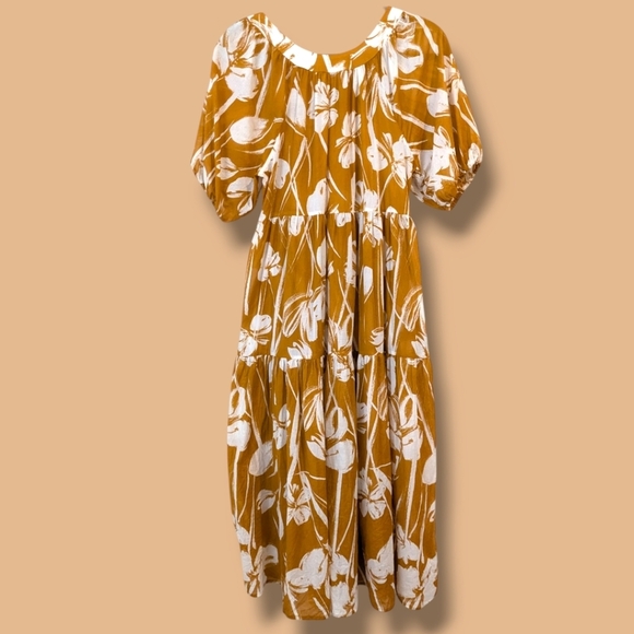 Christy Lynn Orange Floral Cotton Puff-Sleeve Tiered Flowy Audrey Midi Dress - Picture 3 of 13